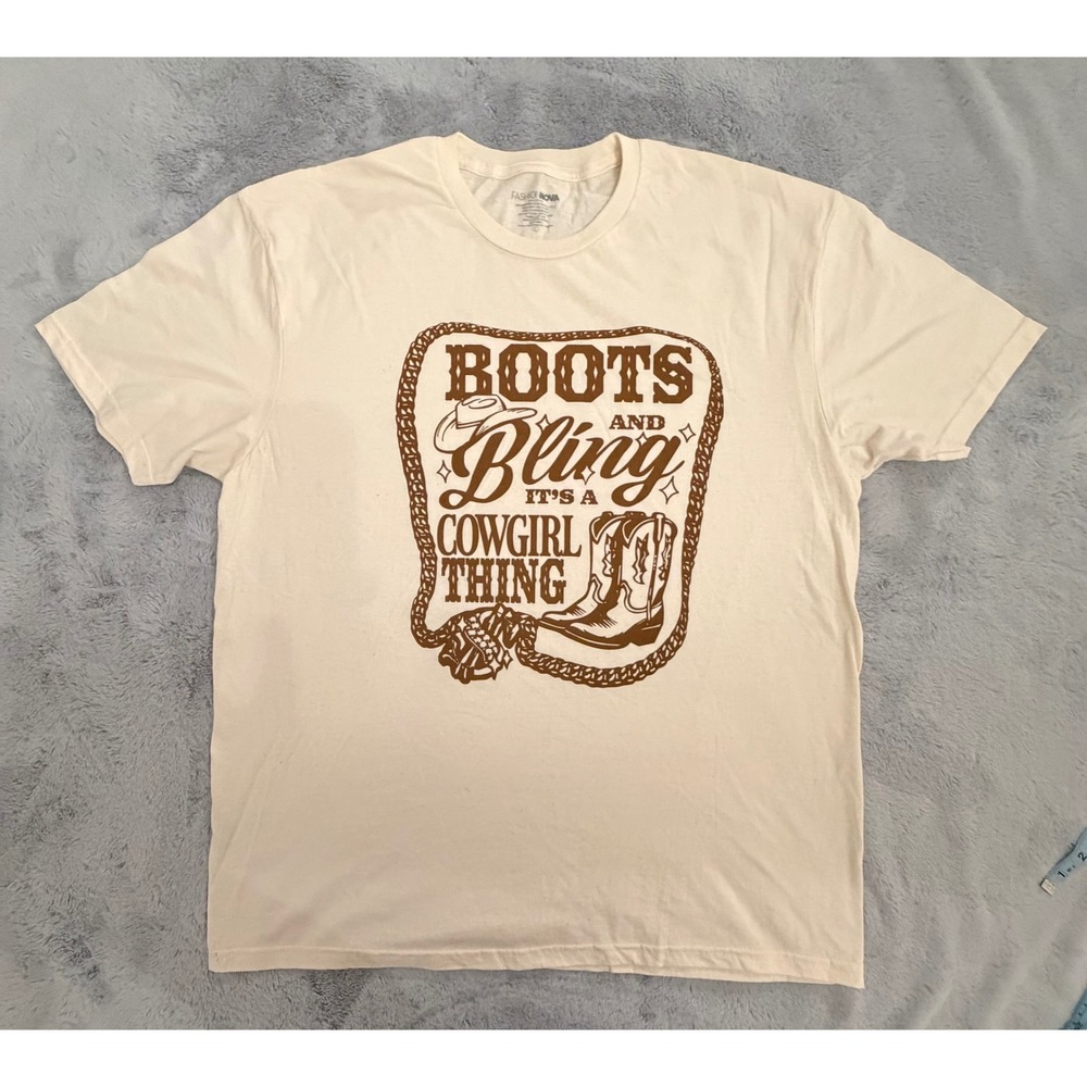 NWOT Fashion Nova Boots and Bling Cowgirl Thing Tee Cream Off White Large